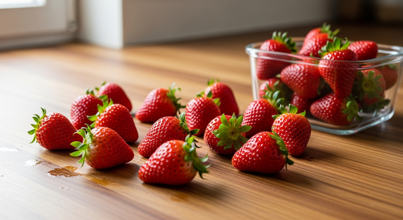 Verse aardbeien op een houten aanrecht klaar om te bewaren