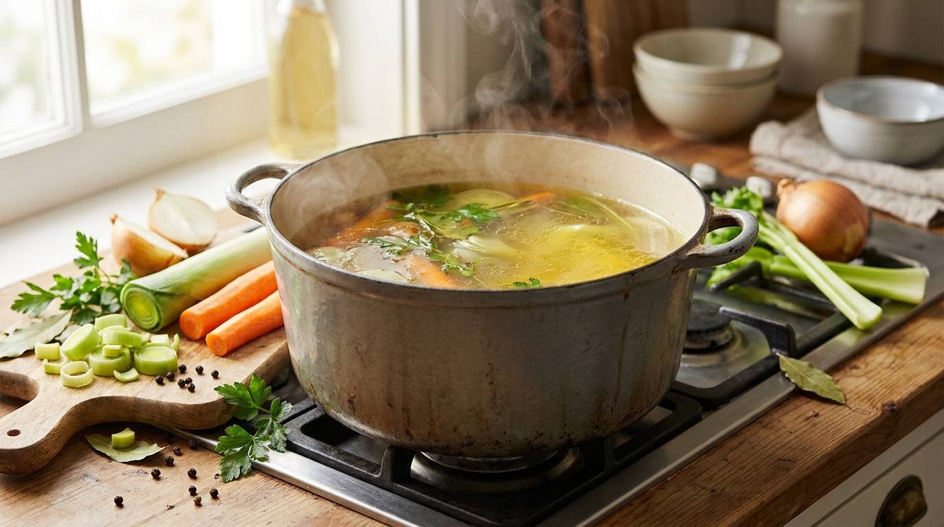 Pan met zelfgetrokken bouillon en soepgroenten op het fornuis