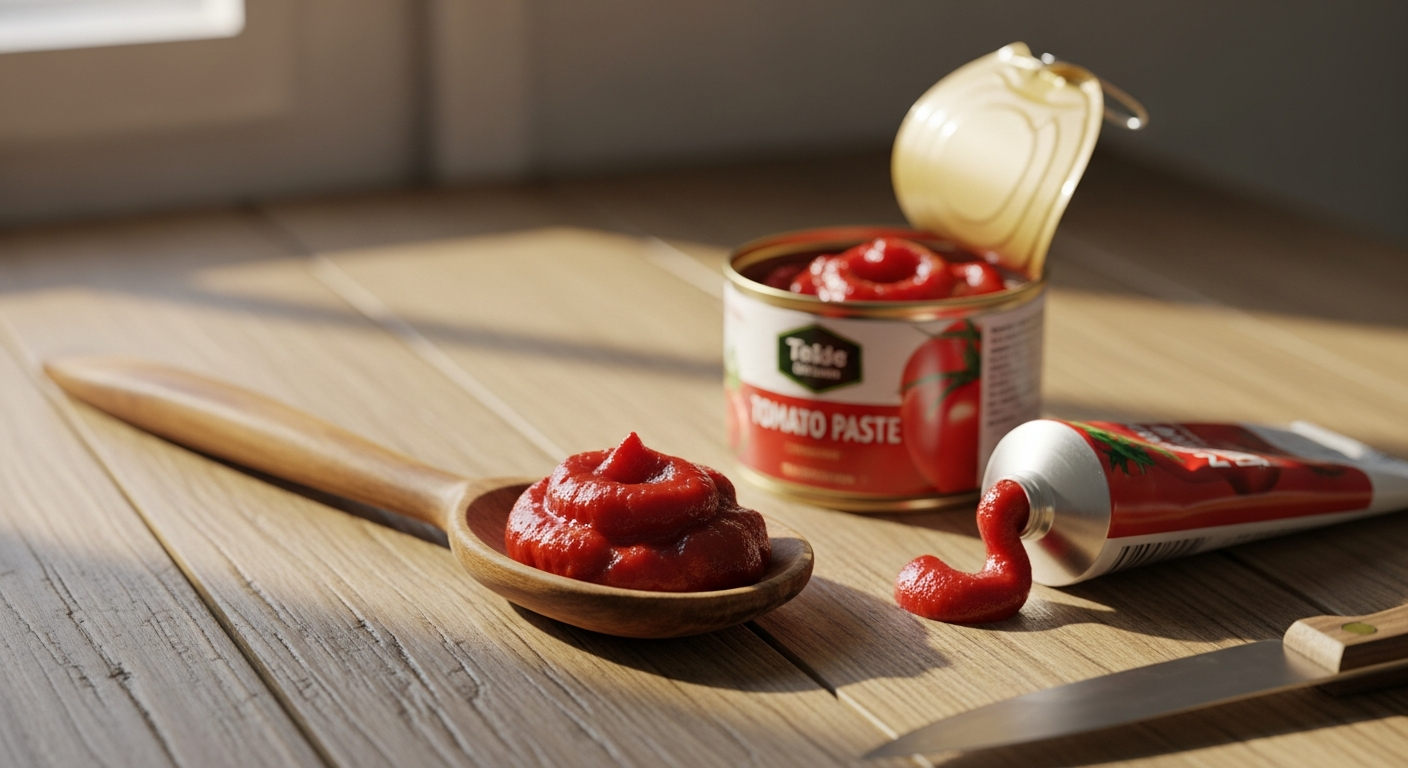 Een eetlepel tomatenpuree naast een blik en tube op een houten aanrecht