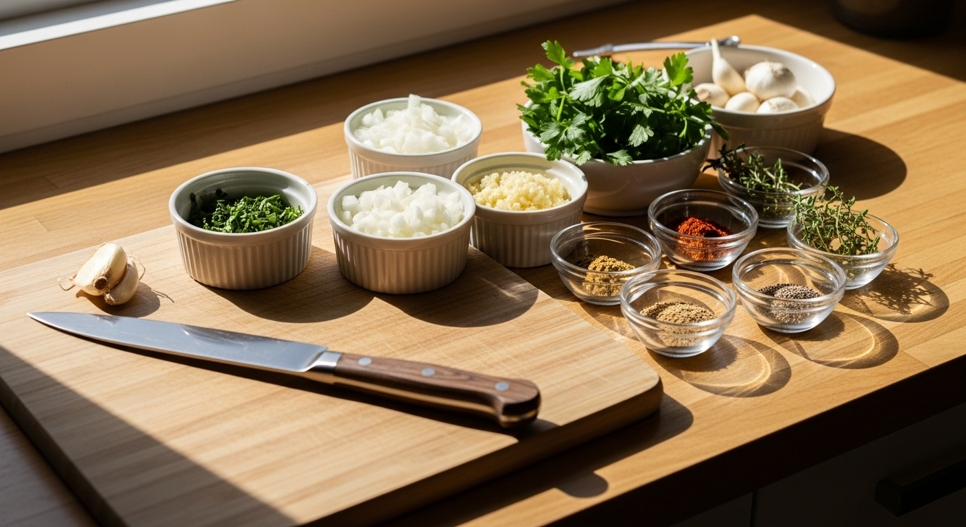Mise en place: ingrediënten voorbereid in kleine schaaltjes op een houten aanrecht