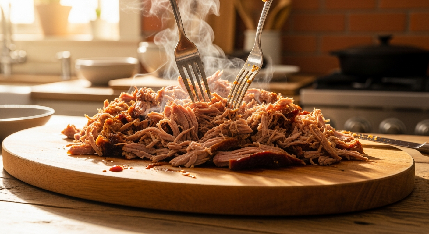 Pulled pork uit de oven uit elkaar getrokken met twee vorken op een houten plank