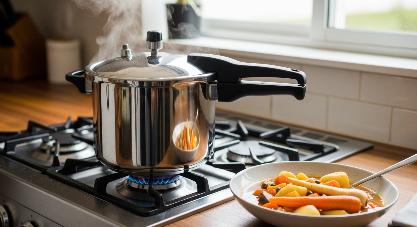Snelkookpan op het fornuis met ontsnappende stoom tijdens het koken