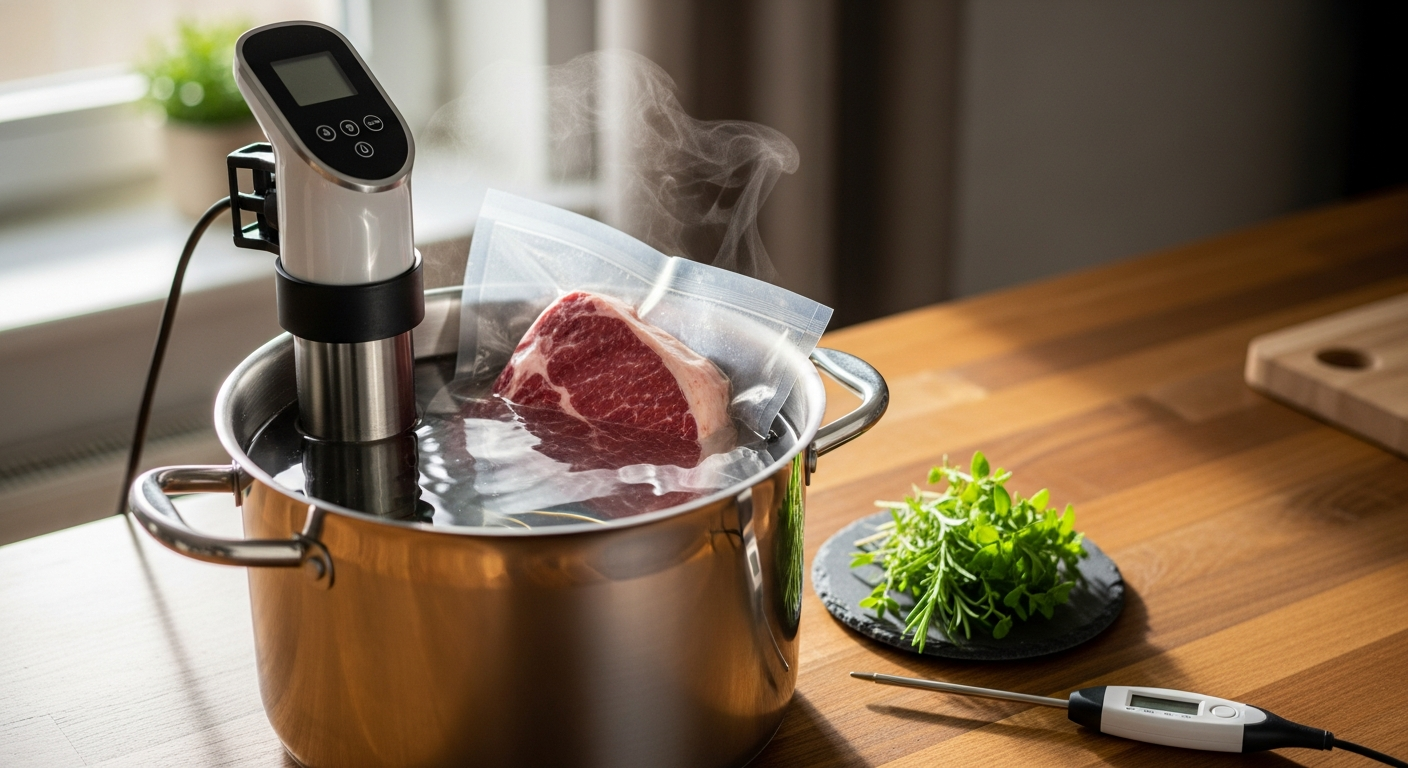 Sous vide waterbad met een gevacumeerde biefstuk en een staafthermostaat in de pan
