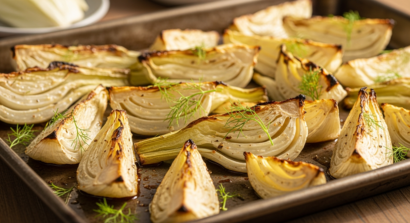 Venkel uit de oven met goudbruine randjes op een bakplaat, bestrooid met vers venkelloof