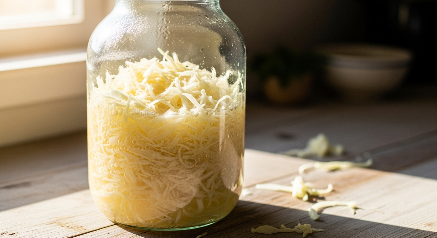Glazen pot met zelfgemaakte zuurkool die staat te fermenteren op een houten aanrecht